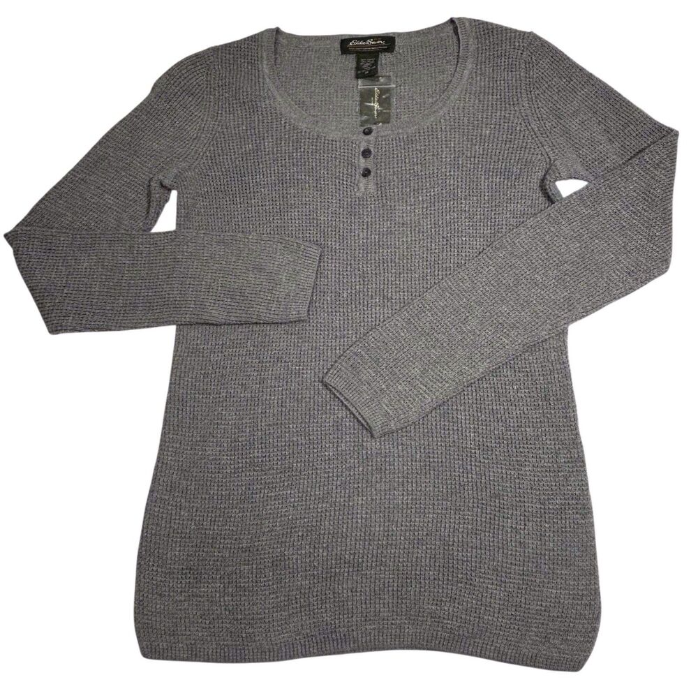 Eddie Bauer Thermal Waffle Henley Top Womens XS Gray Baselayer Granola Girl NWT